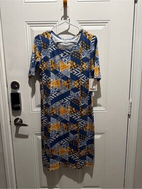 LuLaRoe Geometric Print Midi Dress - Blue & Yellow